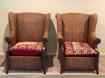 Pair Of Large Crate & Barrel Woven Wicker Wingback Chairs D19