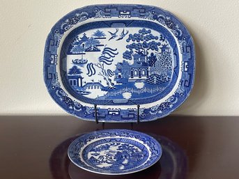 2 Antique 'blue Willow' Platter & Plate K21