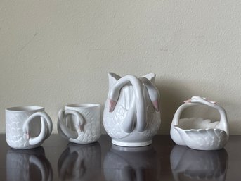 Vintage (1981) Fitzfloyd Two Headed Ceramic Swan Pitcher, Cups, & Dish K22