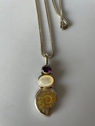 Ammonite Fossil, Amethyst & Mabe Pearl Pendant