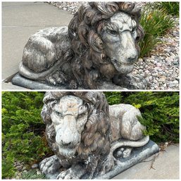 Pair Of Large Concrete Resting Lion Sculptures