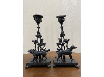 Pair Of Antique Cast Iron Sporting Dog Candle  Holders