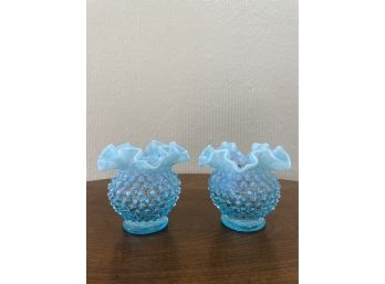 Pair Of Vintage Fenton Blue Opalescent Hobnail Vases