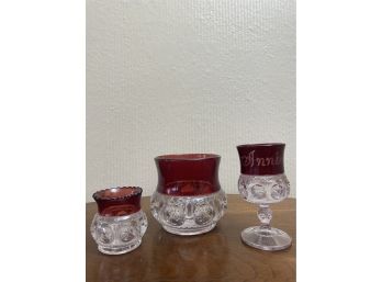 Lot Of  3 Antique Red Thumb Print Glassware