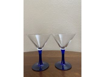 Pair Of Blue Stem Martini Glasses