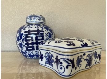 Lot Of Blue & White Ceramic Decorative Container