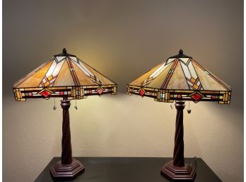 Pair Of Table Lamps With Leaded Glass Shades