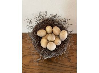 Grapevine Nest With Speckled Eggs