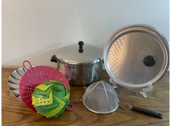 Lot Of Cooking Strainers, Steamers & Pan Lids, & Stainless Steel 8 Qt. Pot.