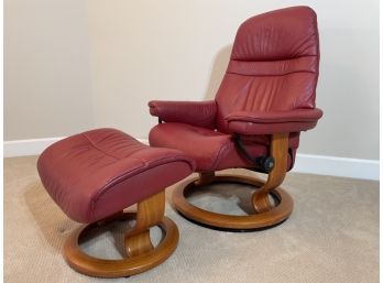 Leather Stressless Swivel Recliner, Footstool & Swing Table