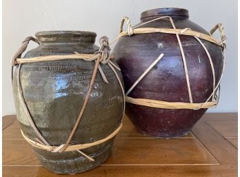 Lot Of 2 Glazed Pots With Bamboo Handles