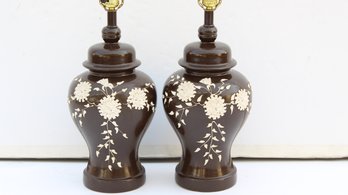 PAIR OF DARK BROWN PORCELAIN TABLE LAMPS WITH FLOWERS