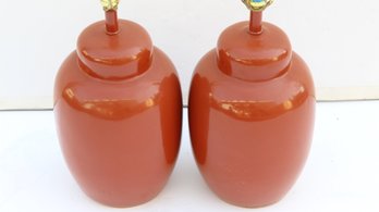 PAIR OF RUST COLORED MID CENTURY MODERN TABLE LAMPS