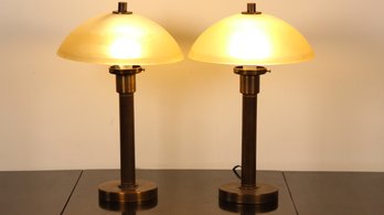 PAIR OF INDUSTRIAL MODERN GLASS & METAL TABLE LAMPS