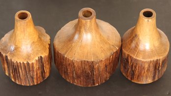 3 HAND TURNED WOODEN RUSTIC CHIC VASES