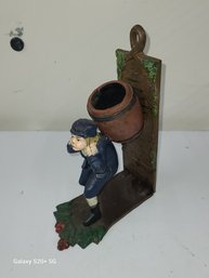 Vintage Cast Iron Dutch Boy With A Barrel Bookend/Match Holder