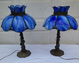 Vtg Antique  Tiffany Style 8 Bent Blue Slag Glass Panels Table