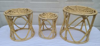 3 Vintage1960s. VINTAGE RATTAN BAMBOO WICKER END TABLE PLANT STAND STOOL   18' 15' 13 ' Height