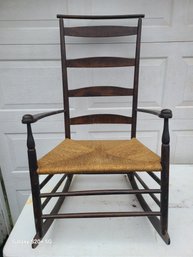 Antique 1800s Ladder Back Rocker W Rush Seat 41x24x19