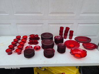 Massive Collection Of  Antique Ruby Red Dinnerware Plates Bowls, Serving Platters.  Very Rare And Great Condi