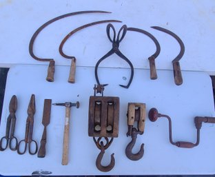 Antique 2 Wooden Block And Tackel Pulleys 4 Sickles And Tools