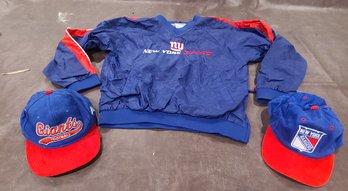 New York Sports Fan Bundle W Giant Starter Hat From The 80s NY Rangers NHl Hat & Giants Pull  Over Boys 14-16