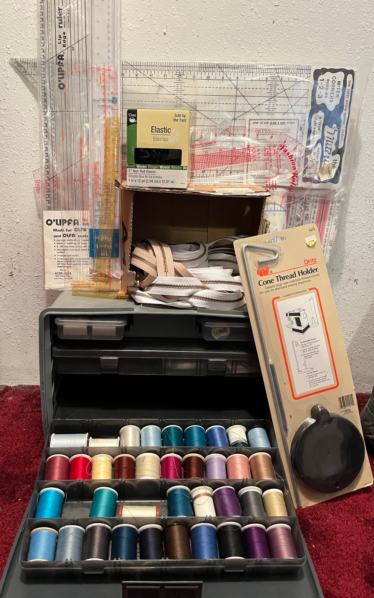 Storage Box Full Of Thread And Sewing Notions Plus Measuring And ...