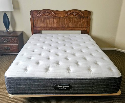 Vintage Queen Size Carved Headboard, Frame And Beautyrest Silver Mattress