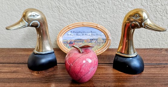 Brass Duck Bookends With An Apple Paperweight