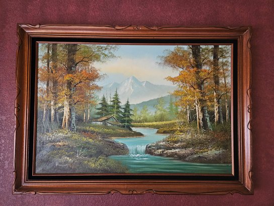 Oil On Canvas Mountain Scene By Vincent In A Copper Wooden Frame With Black Velvet Trim