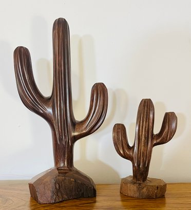 Pair Of Mid Century Carved Wooden Cactus Figurines