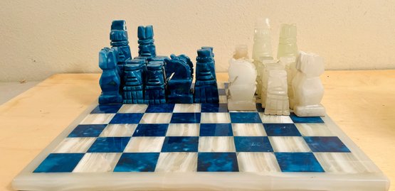 Vintage Blue And White Carved Onyx Chess Set