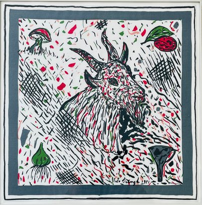 Listed Artist Italo Scanga 1981 Original Silkscreen Abstract Animal Art Of Goat On Cloth Framed