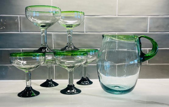 6 Margarita Glasses & Pitcher Made From Mexican Hand Blown Glass