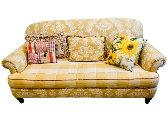 Vintage Yellow And White Plaid And Floral Country Style Couch With Throw Pillows