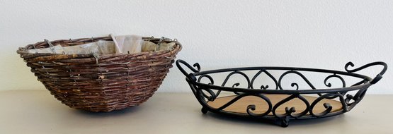 Pair Of Metal And Wicker Hanging Planter Baskets