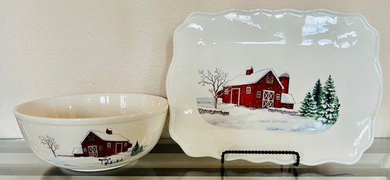 Pair Of Country Barn Scene Serving Dishes