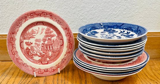 Willow Johnson Bros Made In England Set Of Red And Blue Churchill Bread Plates