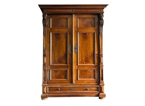 Stunning Antique Biedermeier-Style Hand Carved Mahogany Wood Armoire With Elaborate Brass Fixtures