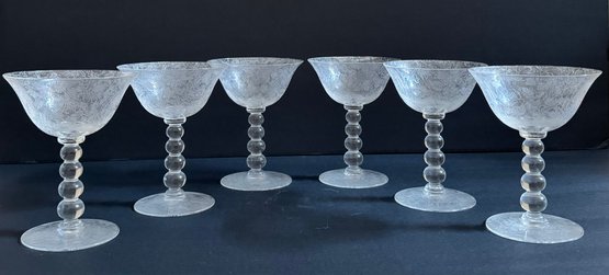 Six Etched Floral Liquor Wine Glasses