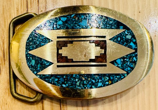 Solid Brass With Turquoise And Coral Inlaid Belt Buckle