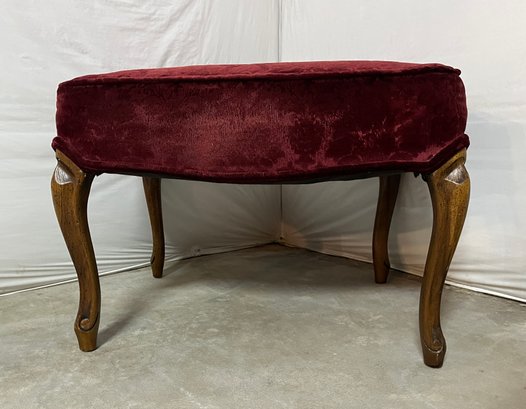 Red Velvet Patterned Ottoman With Wooden Legs
