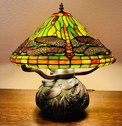 Tiffany Style Dragonfly And Bronze Base Stained Glass Table Lamp