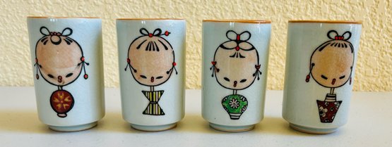 Mid Century Otagiri Japan Pair Kokeshi Doll Design Porcelain Tea Sake Cups