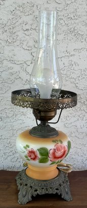 Antique Porcelain Floral & Brass Stand Lamp