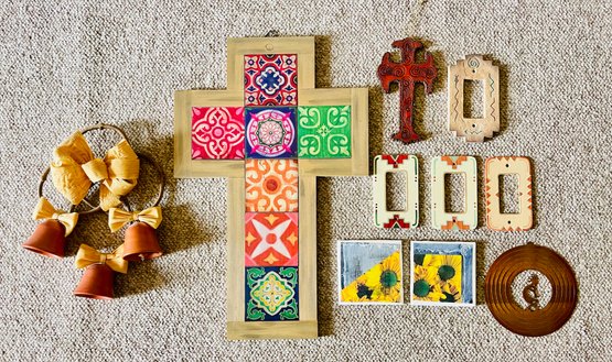 Lot Of Assorted Decorations Including Crosses, Southwestern Switch Plates, Hair Ties & More