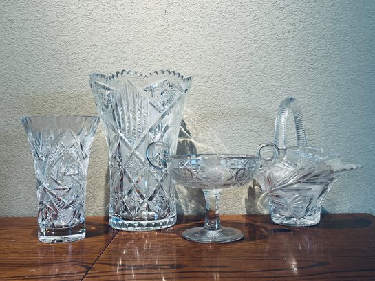 Various Cut Glass Vases, Bowl And Basket