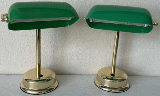 Pair Of Vintage Brass Banker Lamps