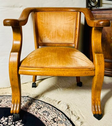 Vintage Wood Upholstered Curvature Library Chair On Wheels