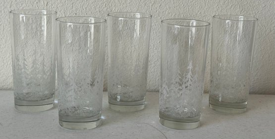 Set Of 5 Frosty Pines Drinking Glasses